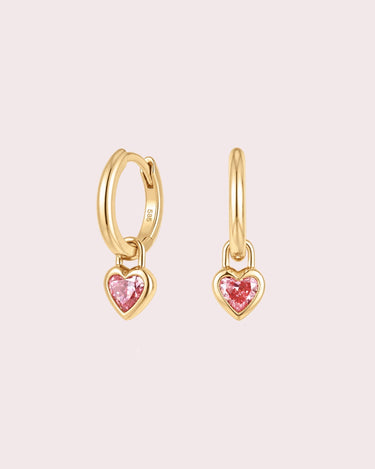 Gold Hoops - Padparadscha Sapphire Bezel Hearts - ZM Fine Jewelry
